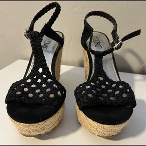 Brash Black Womens Braided Espadrille Platform Wedges Heels T-Strap Size 7-1/2